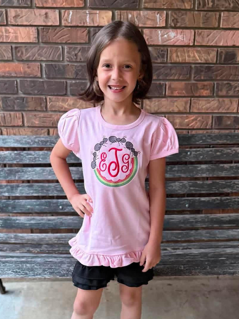 Ants and Watermelon Embroidered Shirt- Bow Sold Separately