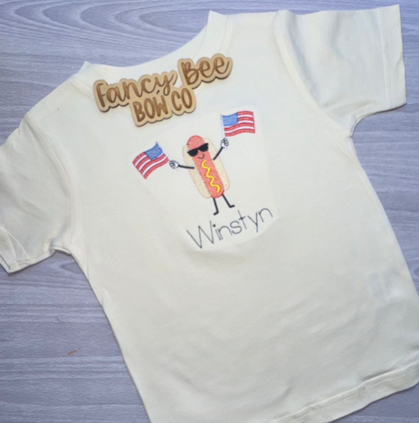 Patriotic Hotdog Embroidered Shirt- Bow Sold Separately