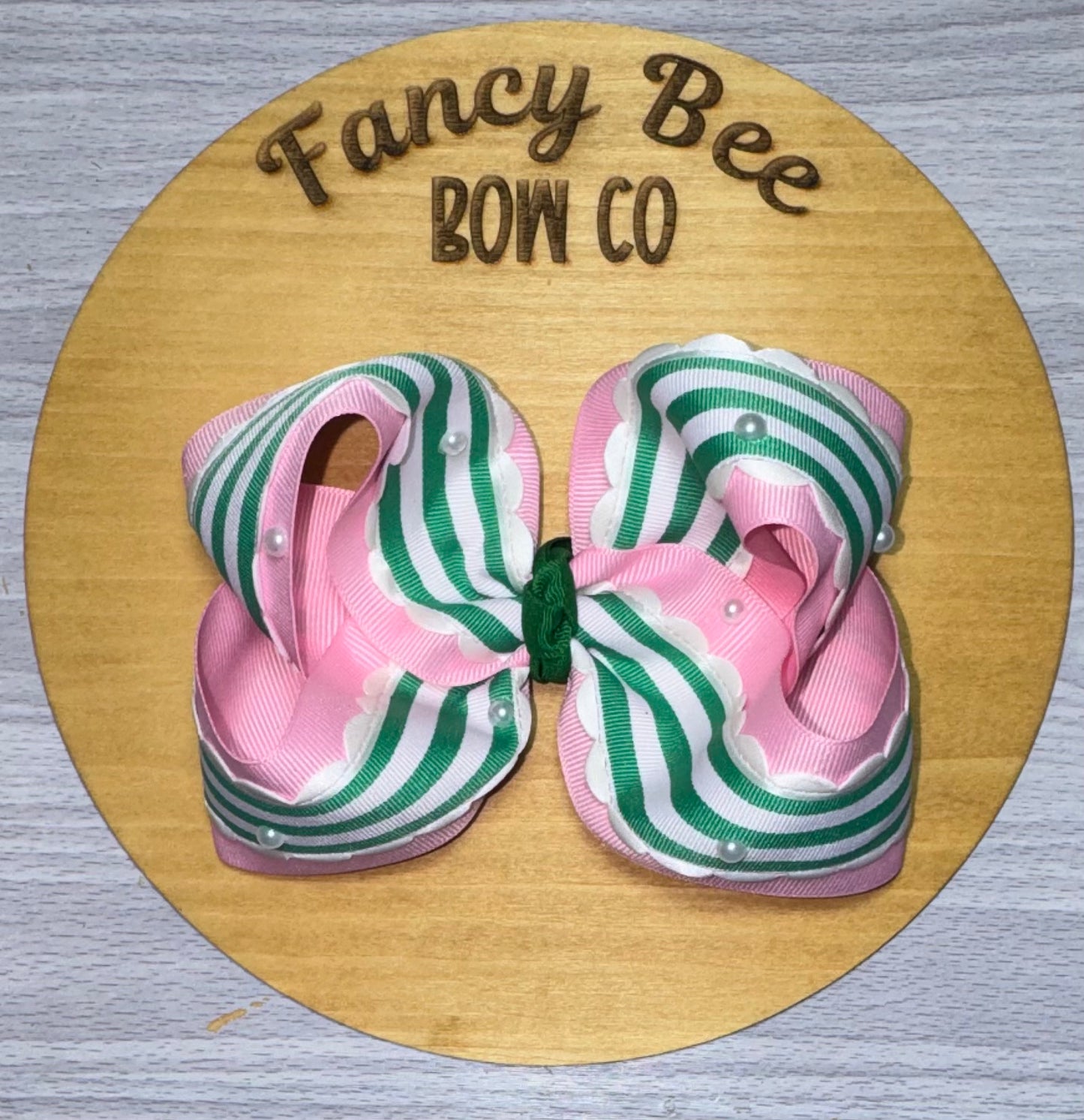 Preppy Pink and Green Striped Queen Style Hairbow