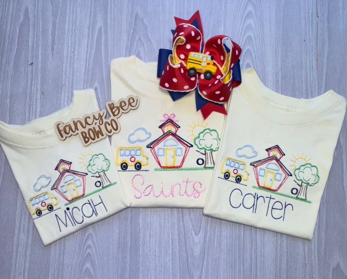 Schoolhouse, Bus, Playground Embroidered Back to School Shirt (boy or girl option)