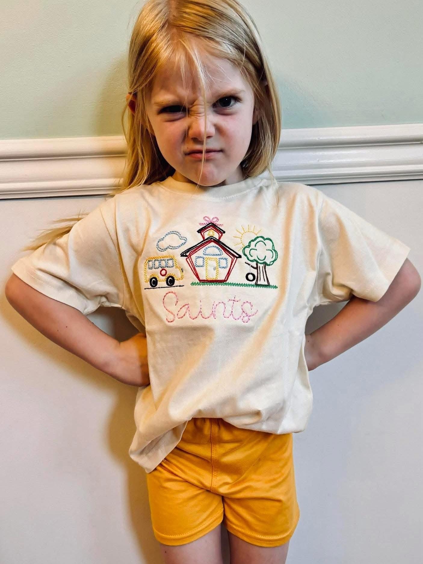 Schoolhouse, Bus, Playground Embroidered Back to School Shirt (boy or girl option)