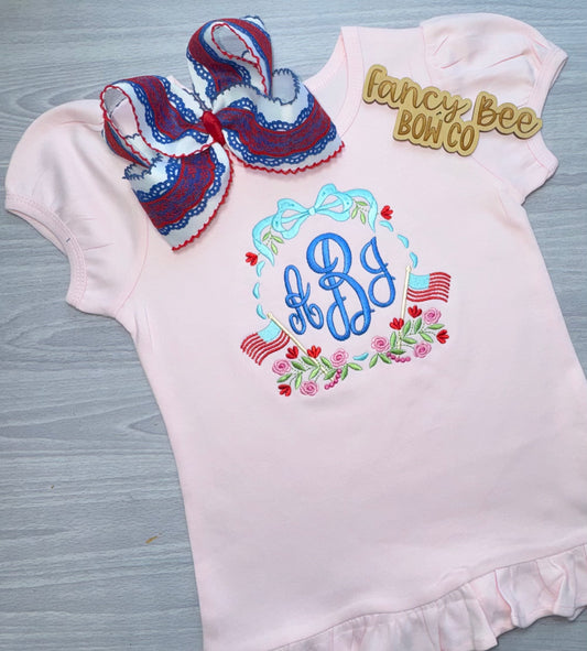 Patriotic Monogam Embroidered Shirt- Bow Sold Separately