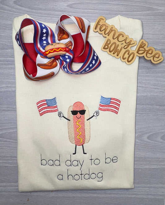 Patriotic Hotdog Embroidered Shirt- Bow Sold Separately