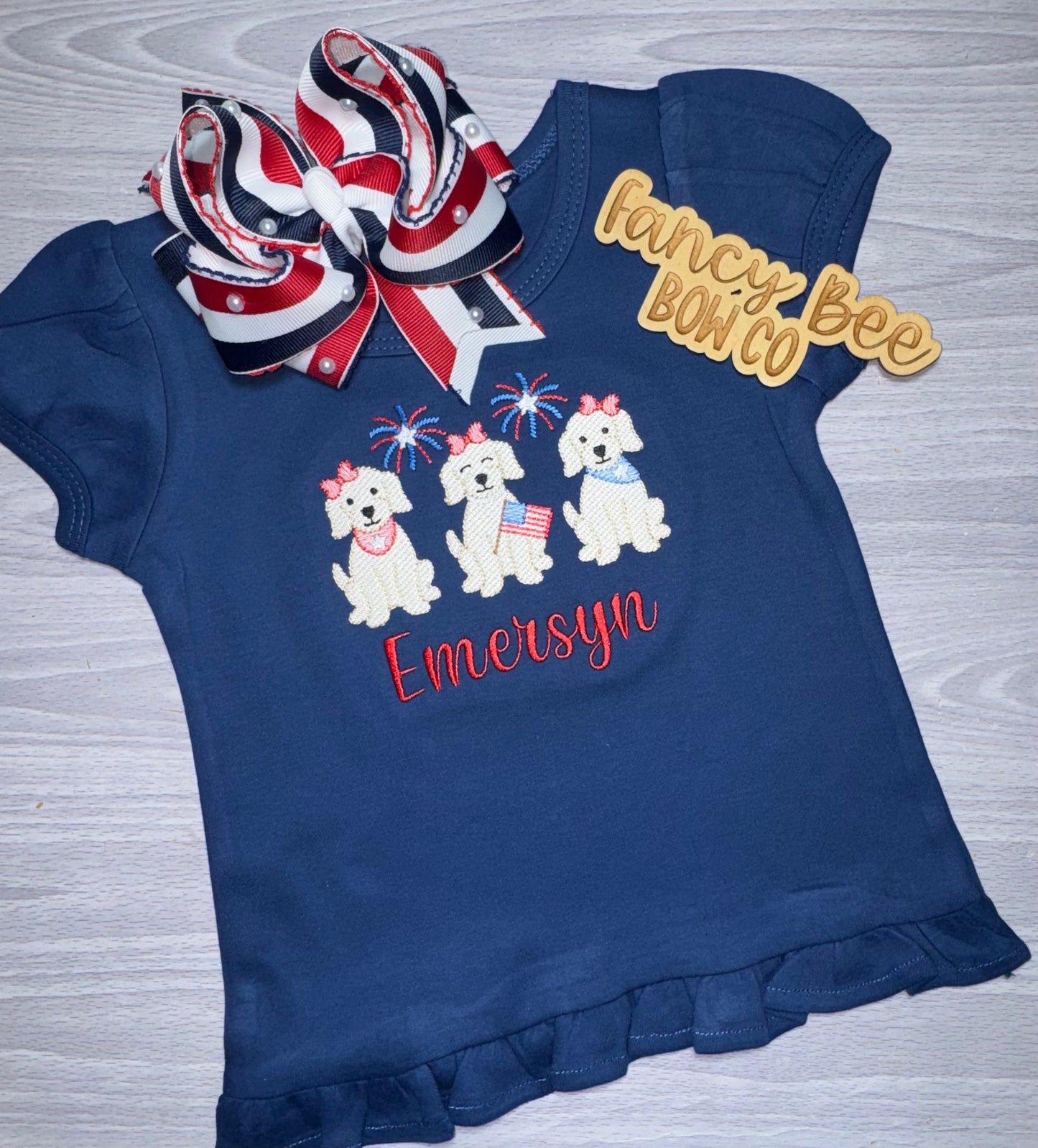 Patriotic Pups Girls Ruffle Embroidered Shirt- Bow Sold Separately