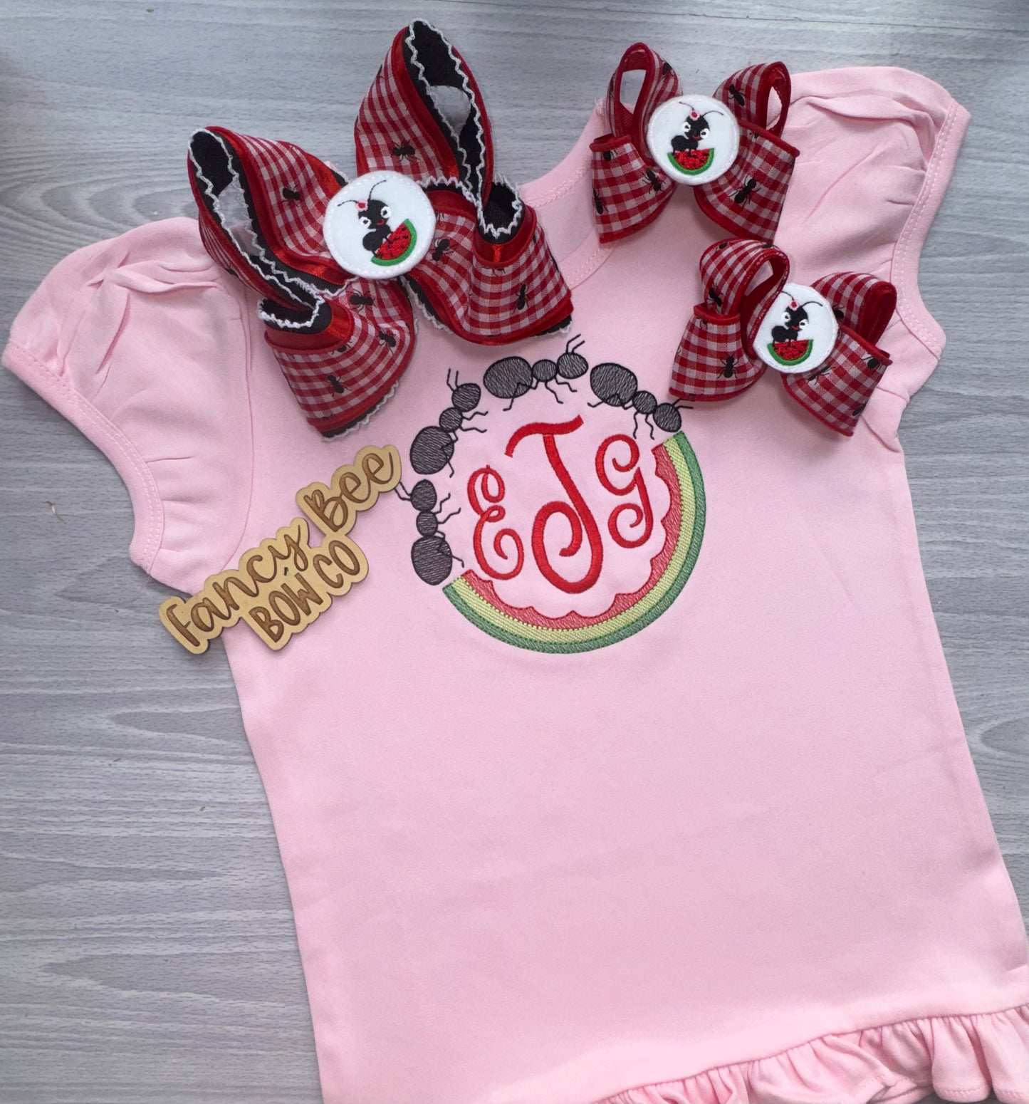 Ants and Watermelon Embroidered Shirt- Bow Sold Separately