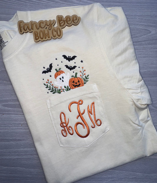 Ghost/Pumpkin Pocket Embroidered Shirt