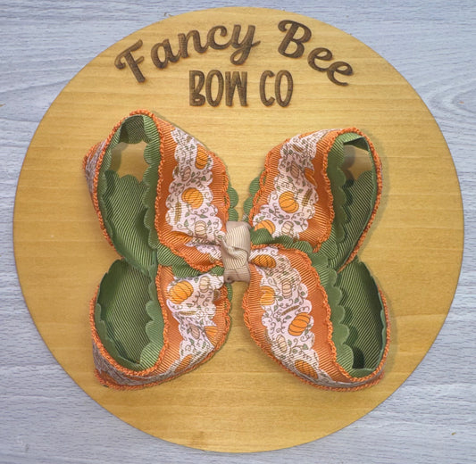 Fall Pumpkins Scalloped Queen Style Bow