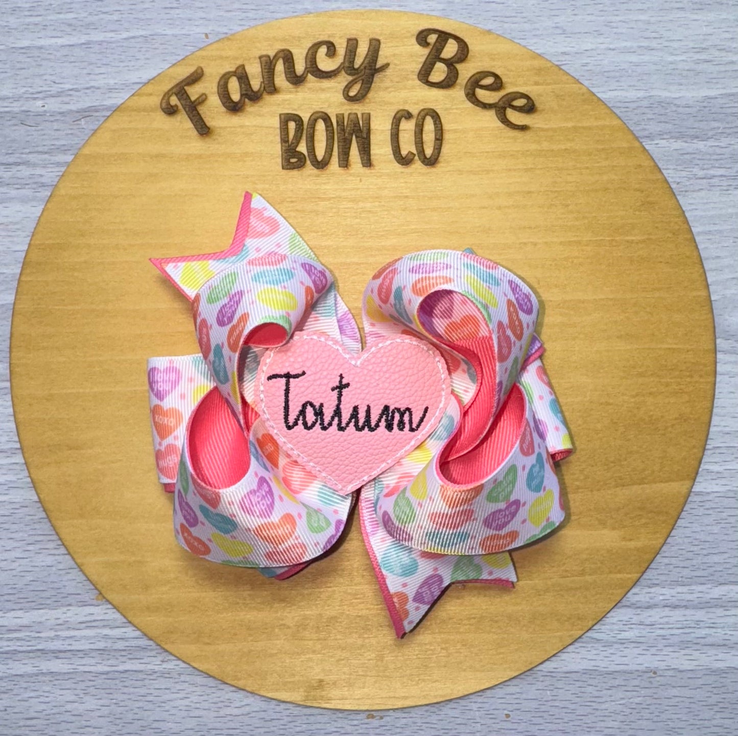 Conversation Hearts Honey Style Bow w/ Detachable Personalized Feltie