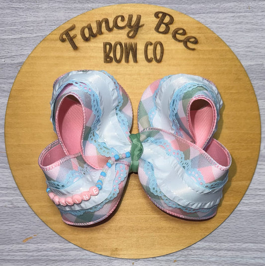Spring Plaid Beaded Name Bow